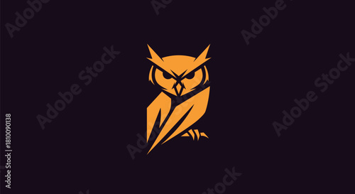 A stylized owl silhouette in orange against a dark purple background. Geometric lines define