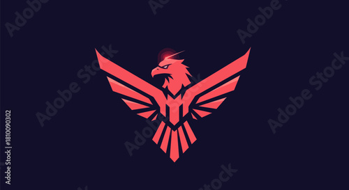 Stylized red eagle illustration with wings spread, on a dark blue background with a halo