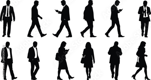 Business men and women silhouettes walking, standing, checking phones, wearing suits, isolated black vector illustration set.