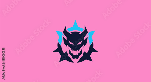 Dark, demonic creature emblem. Face inside star with aqua accents on a pink background