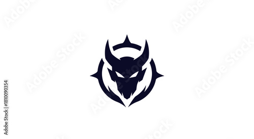 Dark blue emblem with a horned, fanged creature within a circle, on white background
