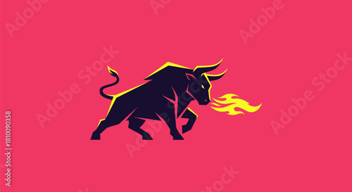 Stylized, dark bull breathing flames on a pink background. Bold lines and geometric shapes