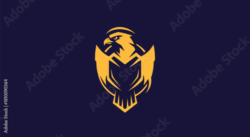 A golden falcon emblem on a navy background. The bird is stylized, with a fierce stare