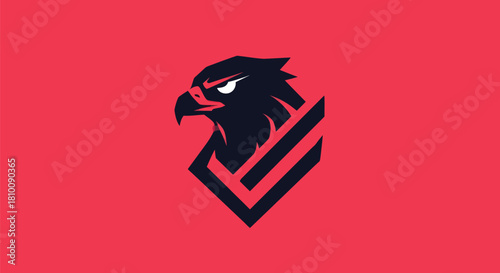 Stylized, dark eagle head in profile, framed by an emblem, set on red background