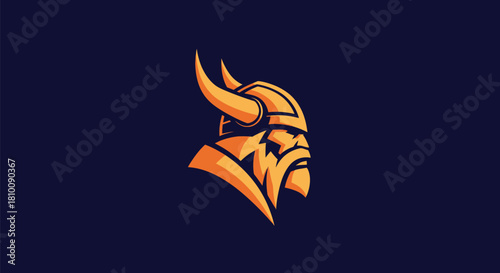 A stylized image of a Viking warrior head in profile, in shades of orange on a navy blue background