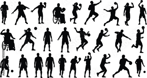 Big set of handball players silhouettes, men, women, and wheelchair athletes throwing ball, isolated vector illustration.