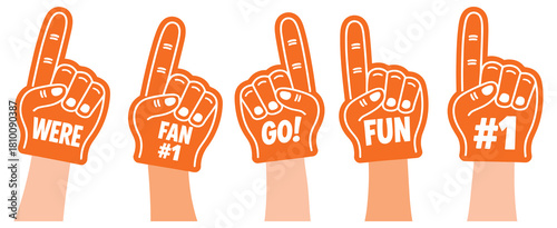 Foam fingers with hands, number one gesture, sports fan cheering accessory, vector illustration, team support concept, isolated on white background, digital graphic for apps, websites, event promotion