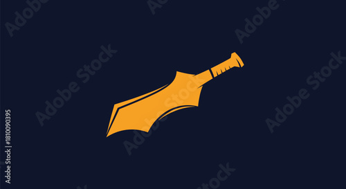 A stylized golden sword with a unique blade design against a dark blue backdrop