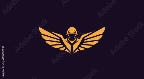 Gold-colored military figure with wings on a dark background. Geometric design, stylized