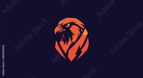 Stylized, abstract illustration of an eagle head in orange hues on dark blue background
