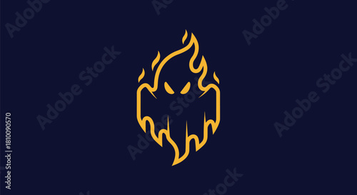 A stylized spirit, flame-like, with menacing eyes, within a dark blue background