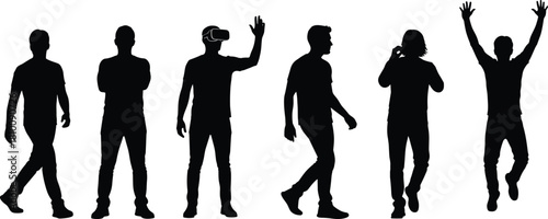 Set of black men silhouettes, casual male poses, walking, standing, using virtual reality, and jumping, isolated vector illustration set.