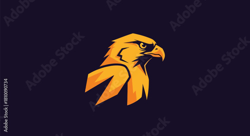 Vector graphic of a golden hawk head in profile against a dark blue-purple background