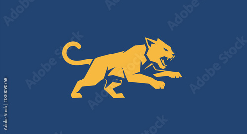 A geometric illustration features a golden cougar leaping against a deep blue background