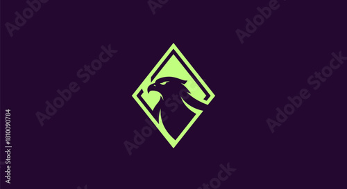 A silhouetted bird of prey within a diamond frame, set against a dark purple background