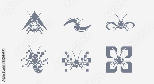 Six gray insect logo designs on a white background, in various abstract and geometric styles