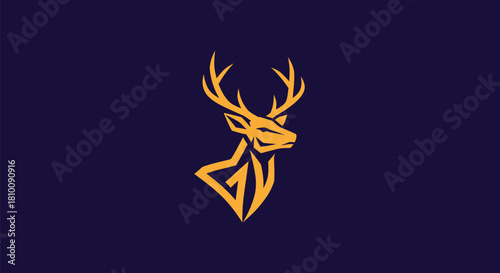 A stylized deer head, rendered in gold, against a dark blue background