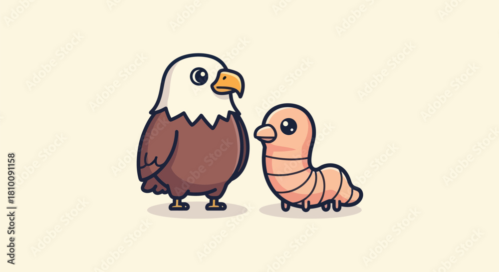 Obraz premium Cute cartoon eagle and worm stand side-by-side on a light-colored background