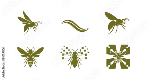 Six abstract, stylized insect icons in earthy green hues, including a wavy design element