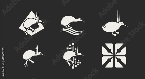 Six stylized depictions of a flightless bird, various arrangements on a dark background