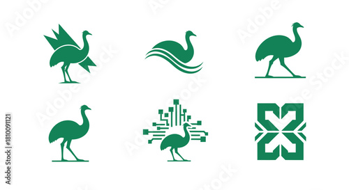 A set of six green silhouettes featuring variations of a bird, and an abstract pattern