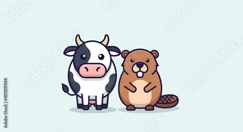 A cow with black spots and a beaver stand side by side on a pastel blue background