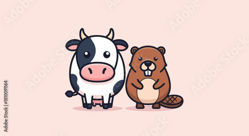 Cartoon cow and beaver stand side-by-side on a pink background, stylized and friendly
