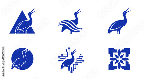 Six graphic designs featuring blue herons, varying in style and composition