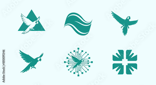 Six teal logos on a light background. Features include a triangle, waves, and bird images