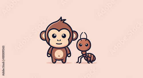 Cartoon illustration featuring a friendly monkey and an ant on a neutral background