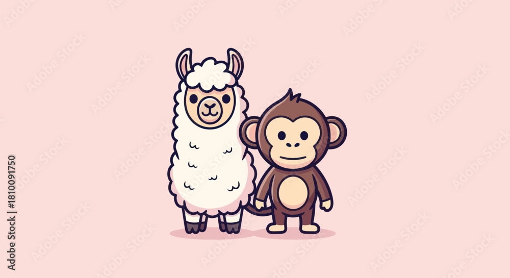 Obraz premium A cartoon llama and monkey stand side-by-side on pink background. They have big eyes, simple design