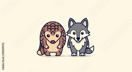 Cute cartoon pangolin and wolf characters, standing side-by-side on a light cream background
