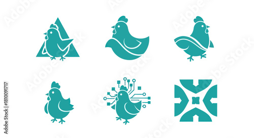 Six stylized teal chicken icons on white background, different designs