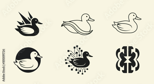 Six stylized duck illustrations in black and white, featuring varying designs and backgrounds