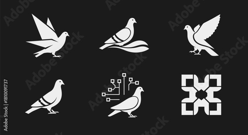 A set of six stylized dove icons in white against a black background
