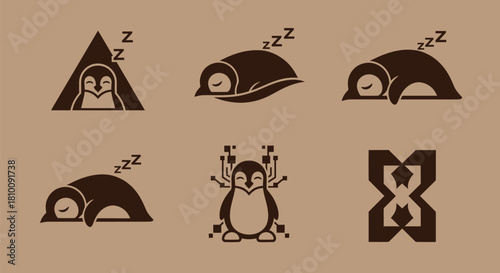 Six brown icons on tan background; stylized penguins, some sleeping, and geometric shapes