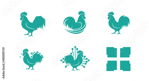 Six teal rooster silhouettes, including designs with pixelation & digital circuit elements