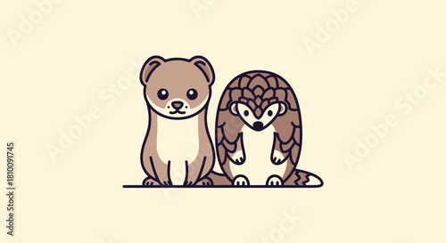 Two stylized, cartoon animals, a weasel and a pangolin, seated on a line