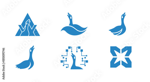 Six blue logos with stylized goose designs. One features geometric shapes, others show birds in flight