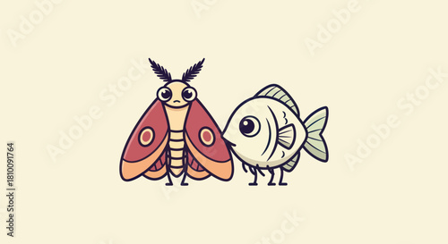Cartoon moth and fish stand side by side on a cream background, looking friendly