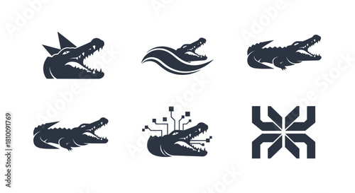 Collection of stylized crocodile-themed logos. Includes variations with crowns, waves, and circuits