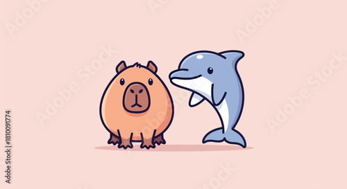 A cartoon capybara and dolphin stand side-by-side on a pink background, looking friendly