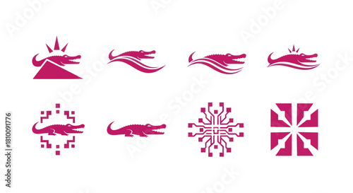 Collection of stylized alligator logos in magenta on white background, showcasing design variations
