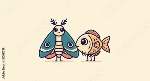 A cartoon moth and fish stand together with charming expressions on a neutral background