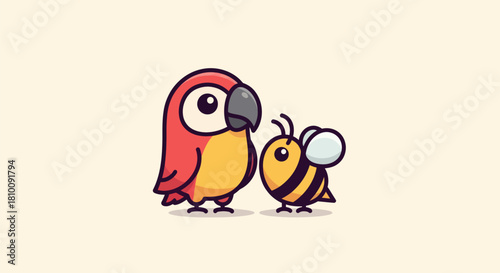 A cartoon parrot and bee stand side-by-side on a light cream background