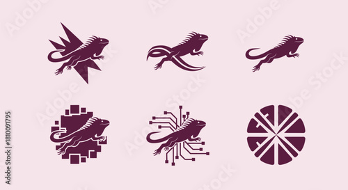 A collection of six stylized lizard illustrations with varying artistic backgrounds, on a pink backdrop