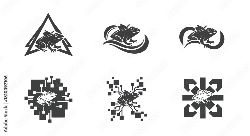Obraz premium Six stylized frog illustrations in black and white, each in unique geometric and abstract designs