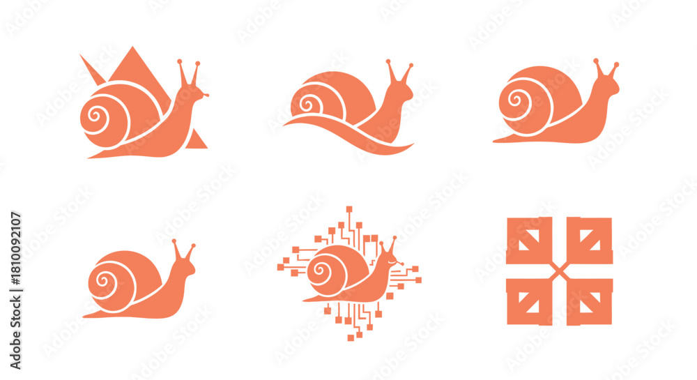 Obraz premium A collection of coral snail silhouettes showcasing design variations, including a tech-themed snail