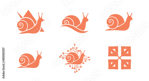 A collection of coral snail silhouettes showcasing design variations, including a tech-themed snail