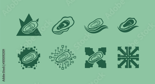 Eight green icons, featuring an oyster shape within various abstract designs